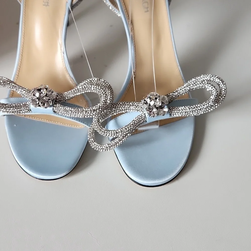 NIB MACH & MACH | Double Bow Round Toe Satin Sandals Heels Pumps Blue Sz 10B 40